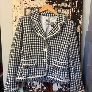 Bob Mackie Black and White Houndstooth Blazer w fringe detail and cool buttons.